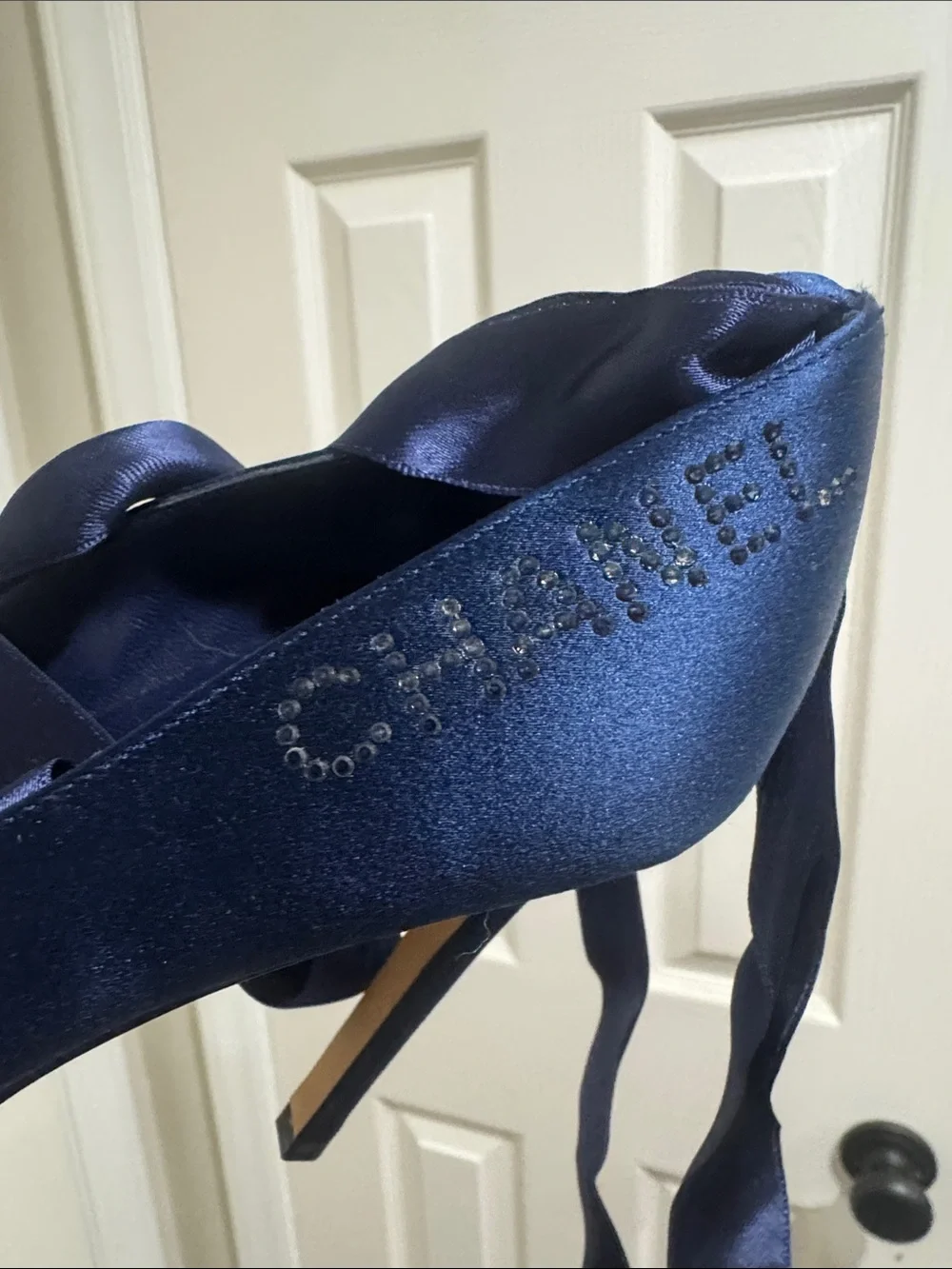 CHANEL/Navy Satin Ballet Tie Up The Ankle/4” Heels/NEVER WORN! VINTAGE! US 6.5!